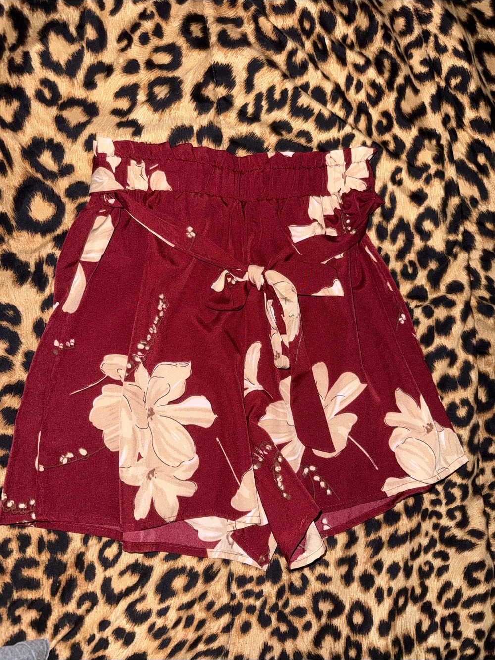 High-Rise Floral Paperbag Shorts - Burgundy